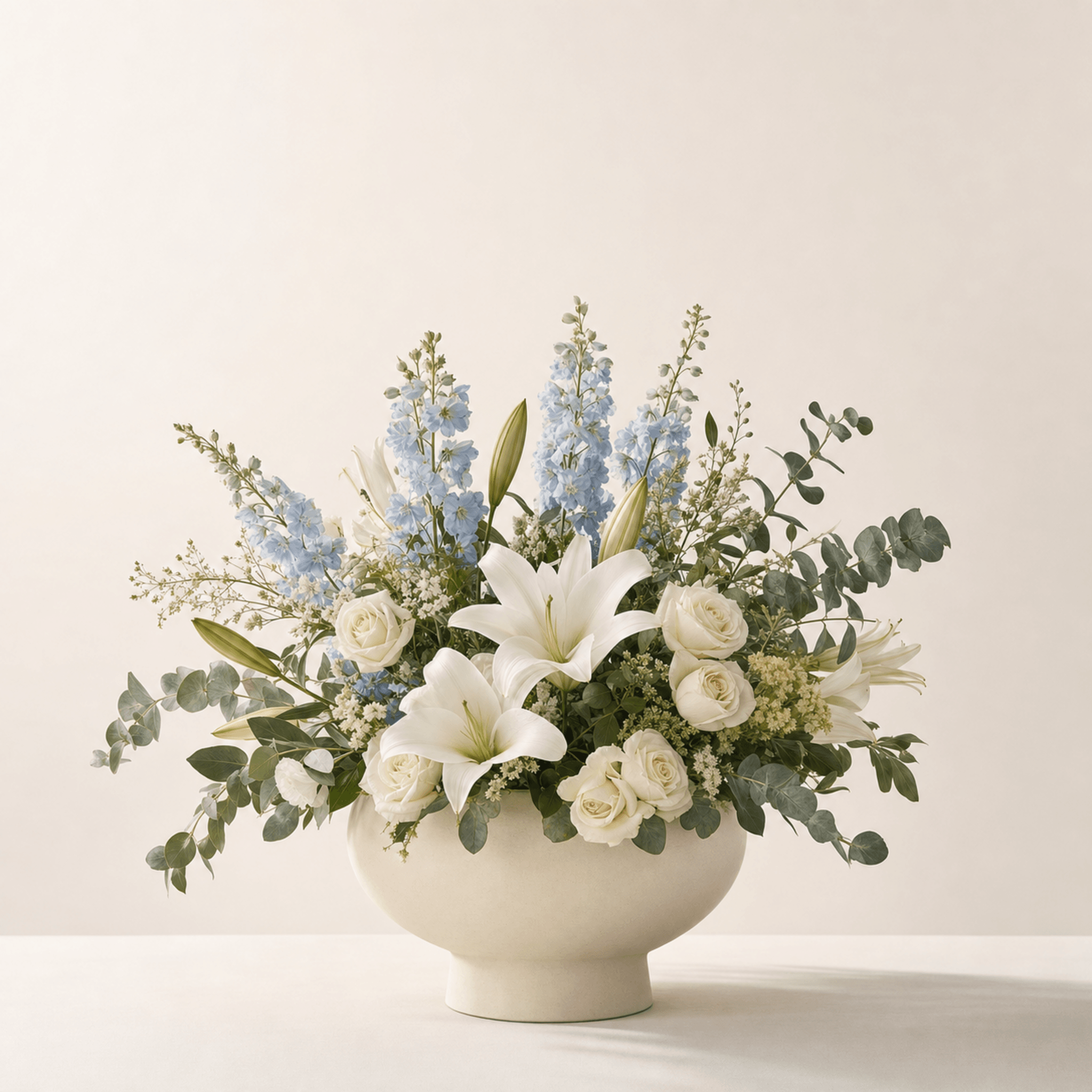 White lilies, cream roses, blue delphiniums, and eucalyptus in a cream ceramic bowl vase
