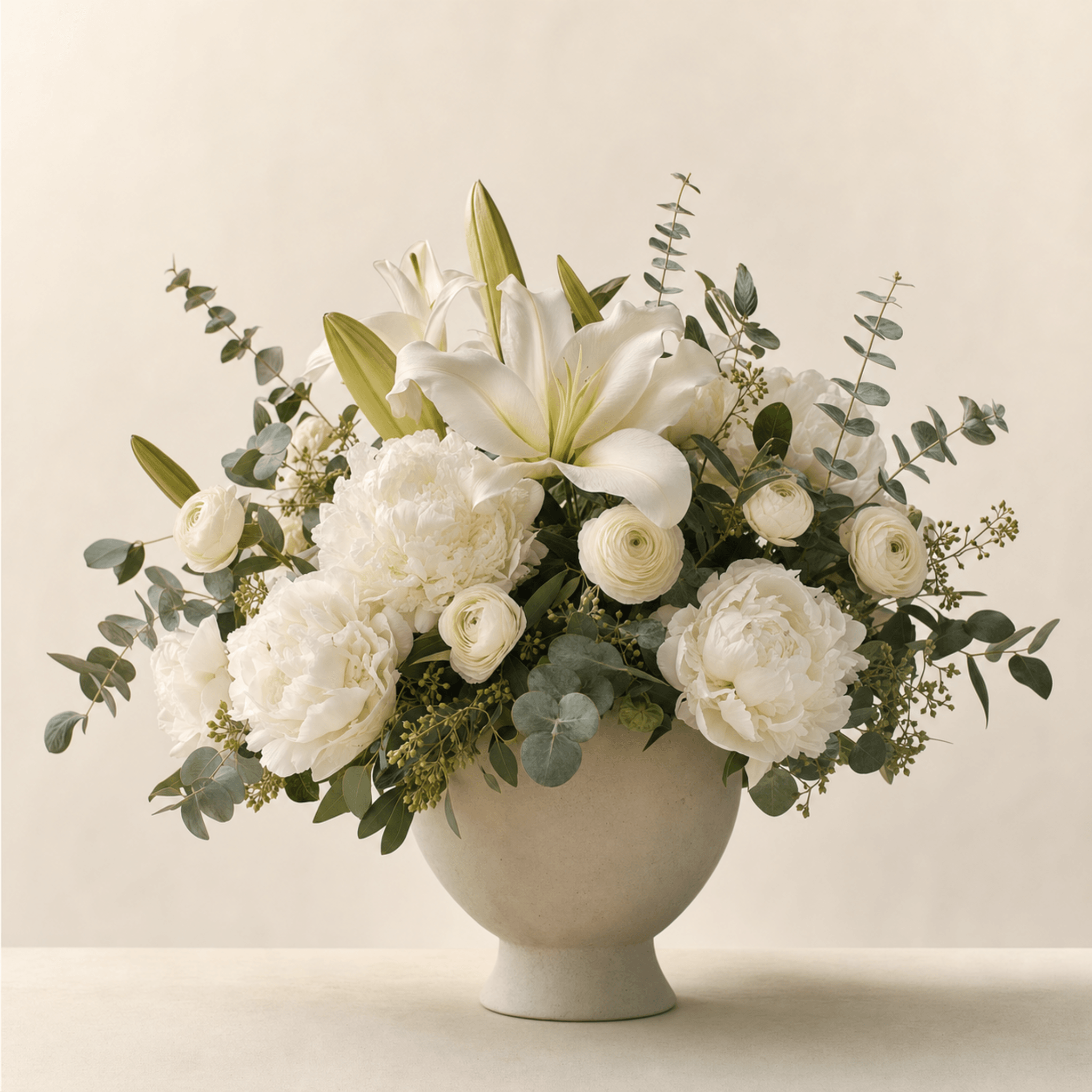 White peonies, lilies, and ranunculus with eucalyptus in a cream footed ceramic bowl