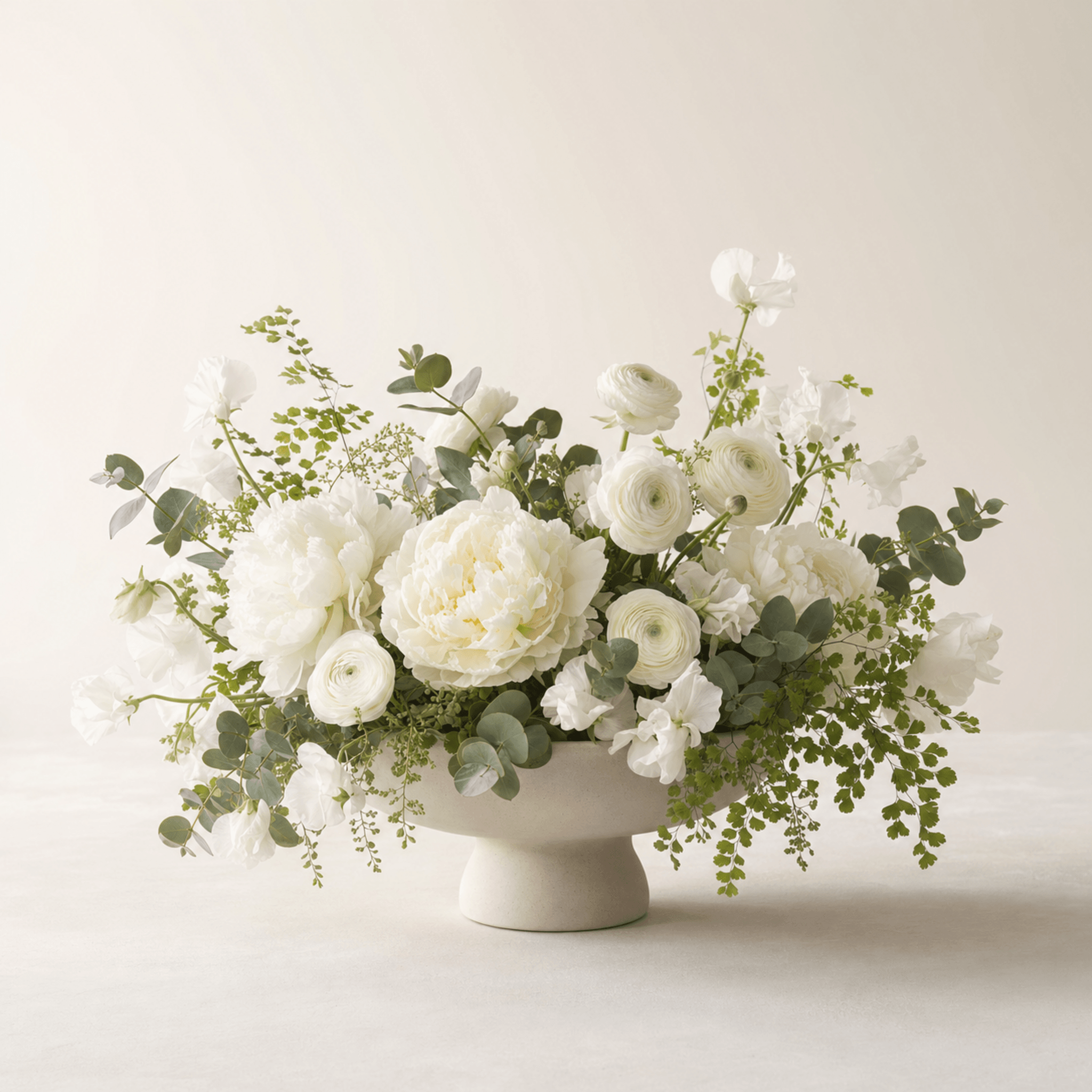 White peonies, ranunculus, sweet peas, and eucalyptus in a low footed ceramic bowl