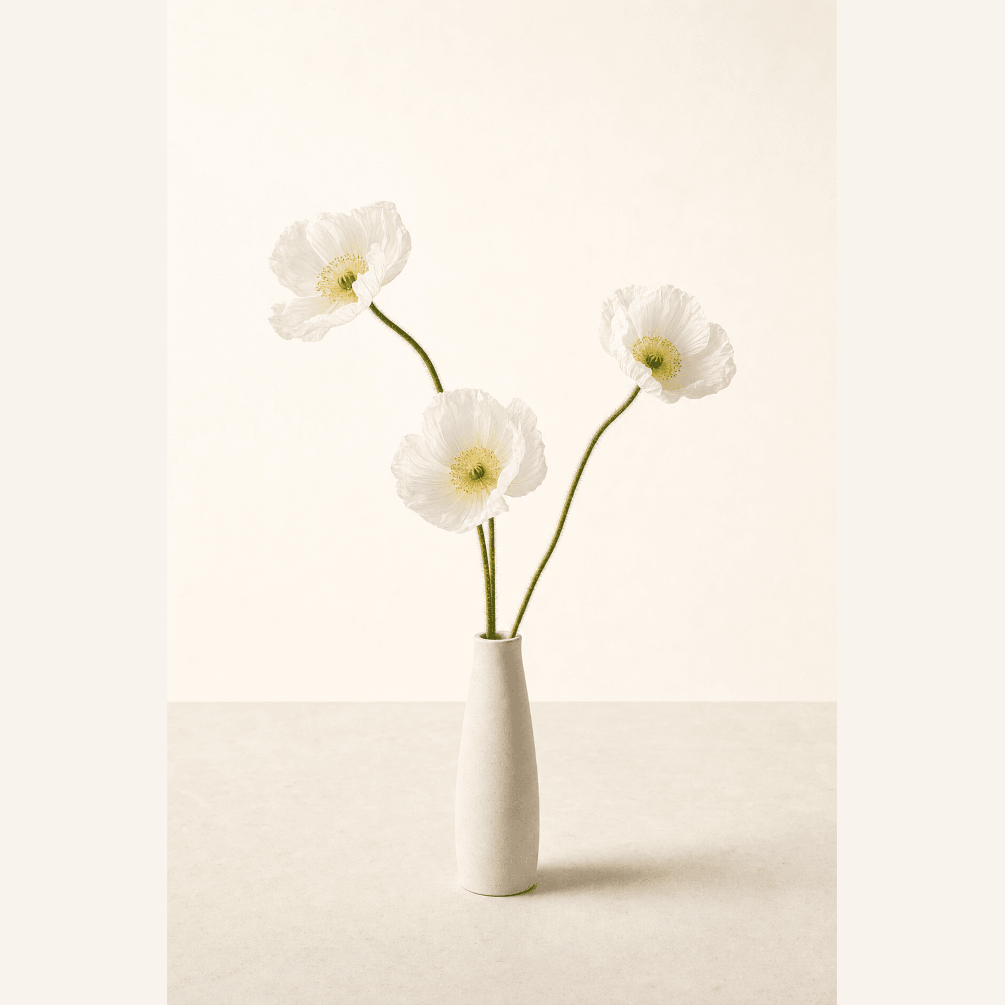 Three white Iceland poppies with green stems in a slim white ceramic vase