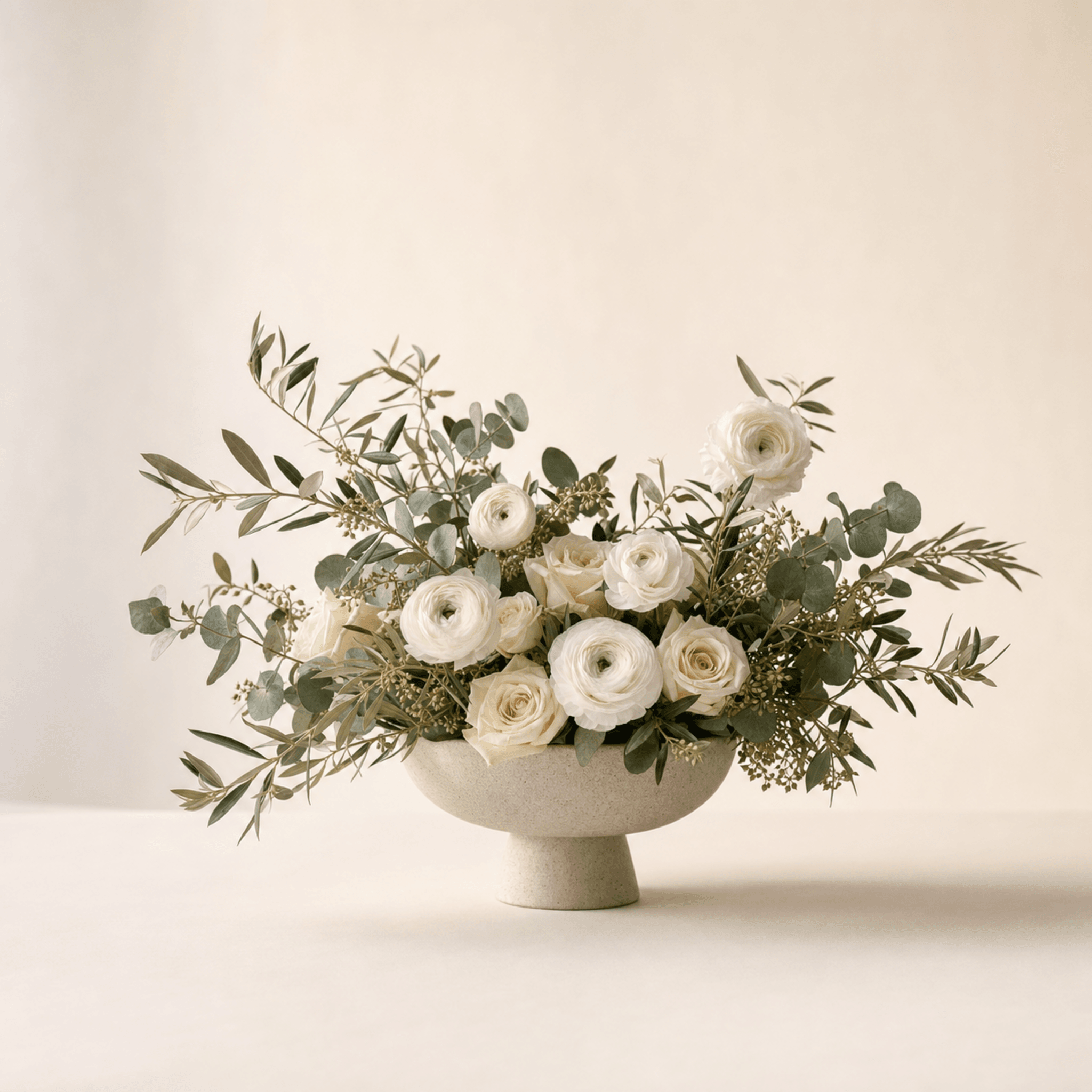 White ranunculus and cream roses with eucalyptus and olive branches in a stone footed bowl