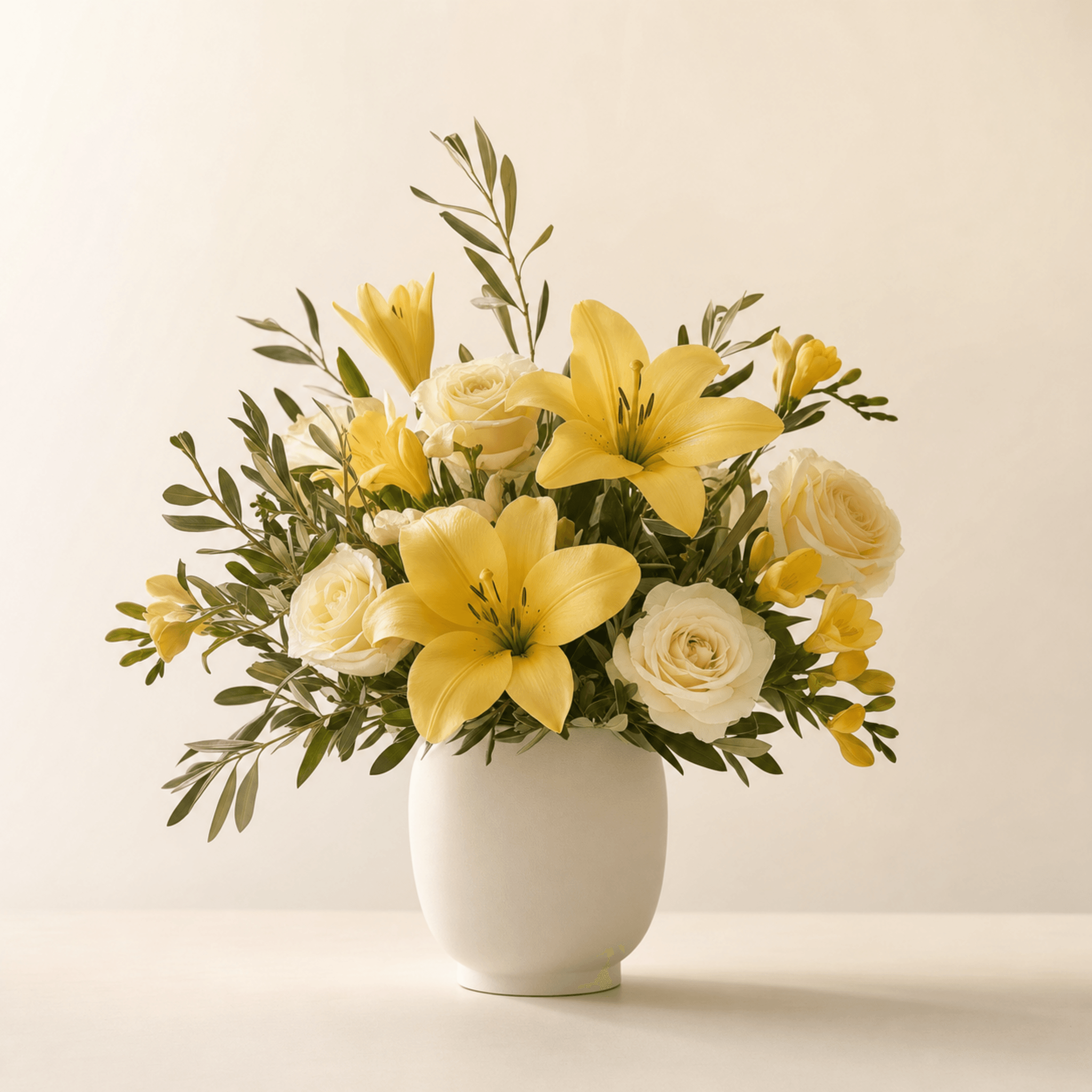 Yellow lilies and cream roses with olive foliage in a white ceramic vase