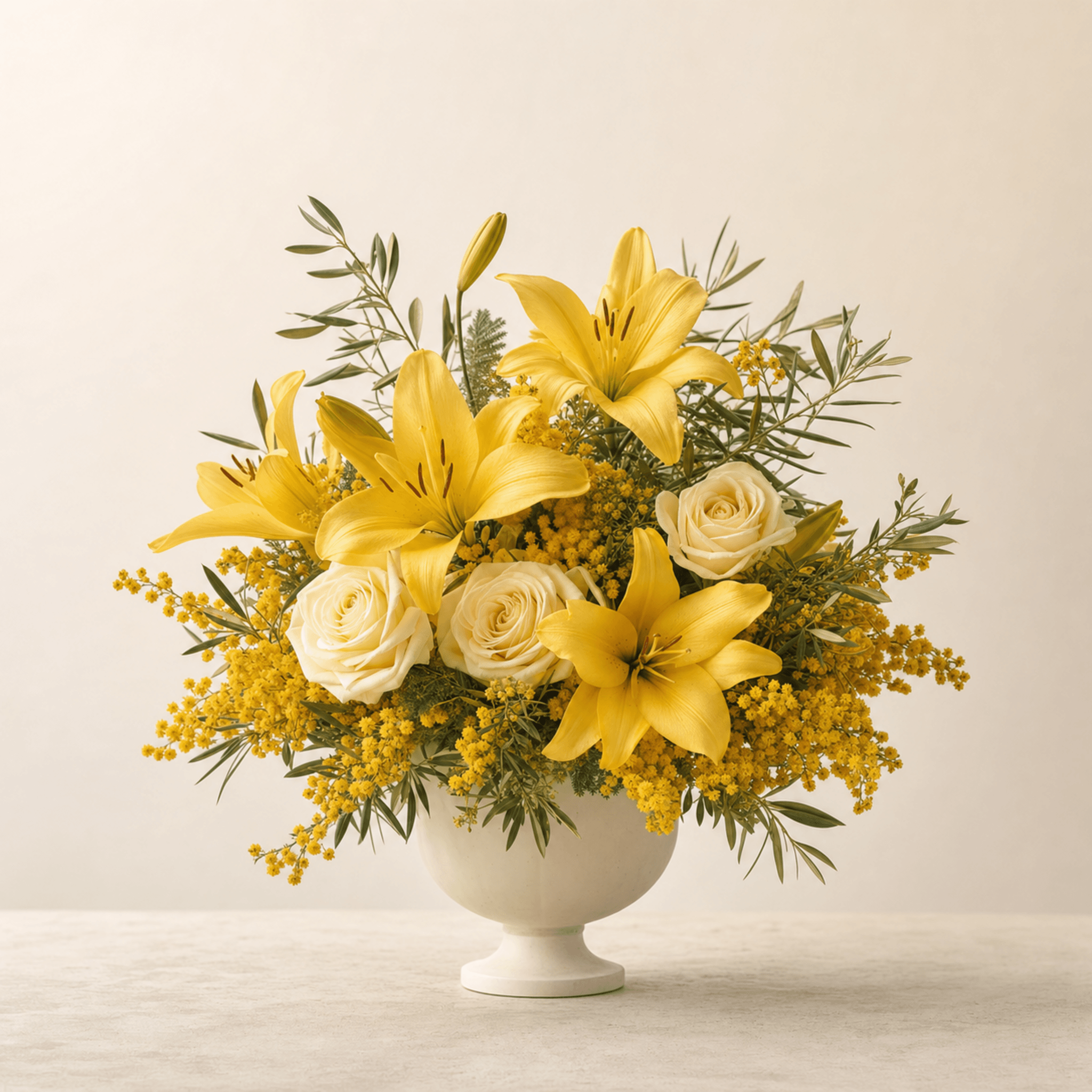 Yellow lilies, cream roses, and mimosa in a white footed ceramic bowl arrangement