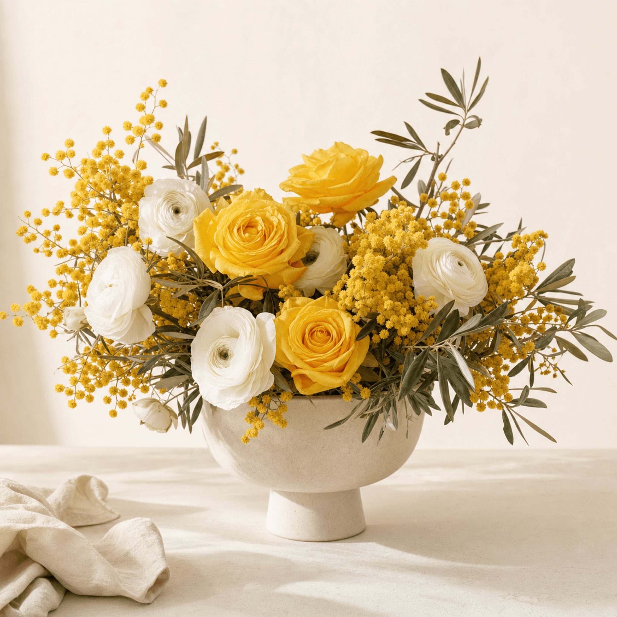 Yellow roses, white ranunculus, and mimosa in a white footed ceramic bowl