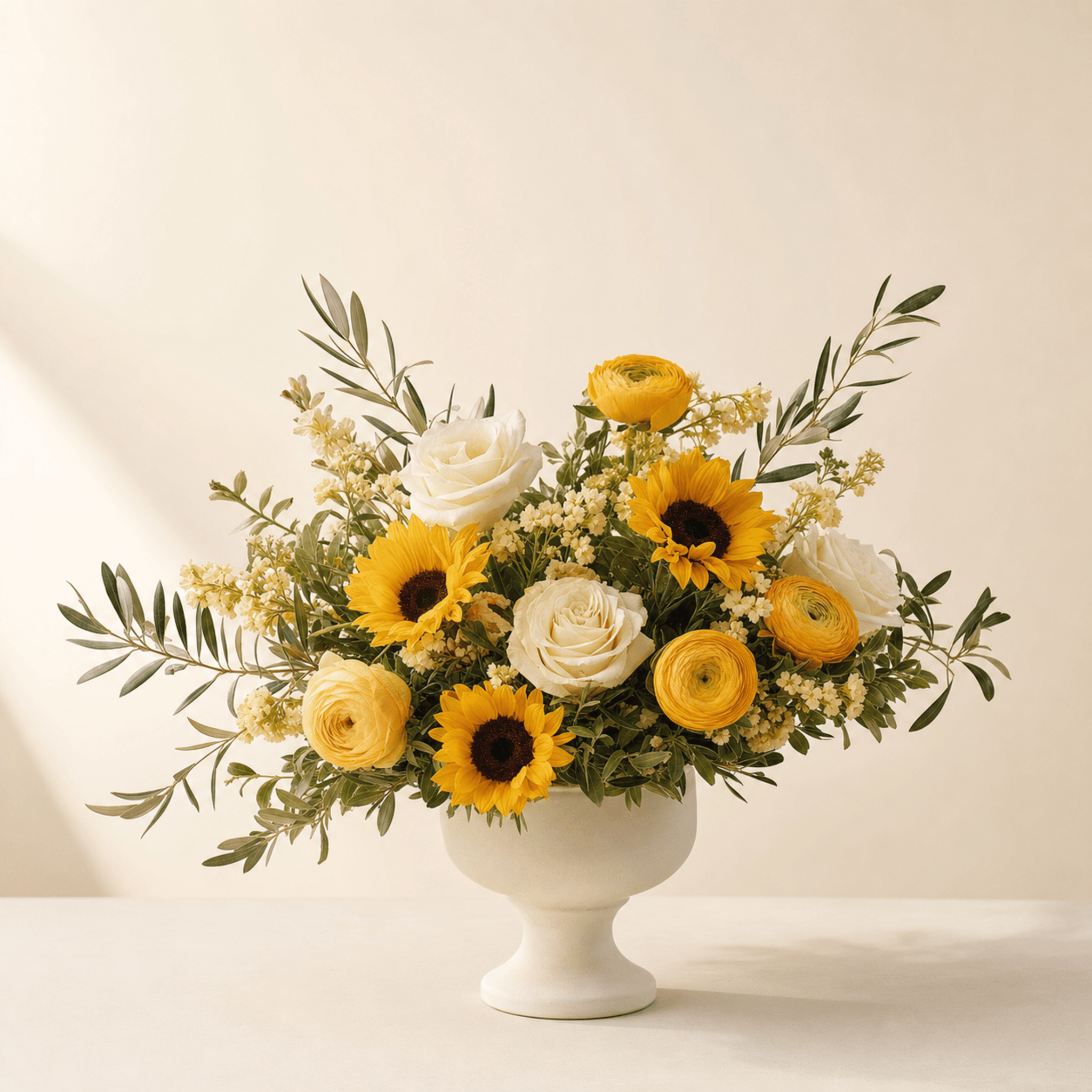Sunflowers, white roses, yellow ranunculus, and olive foliage in a white footed ceramic compote vase
