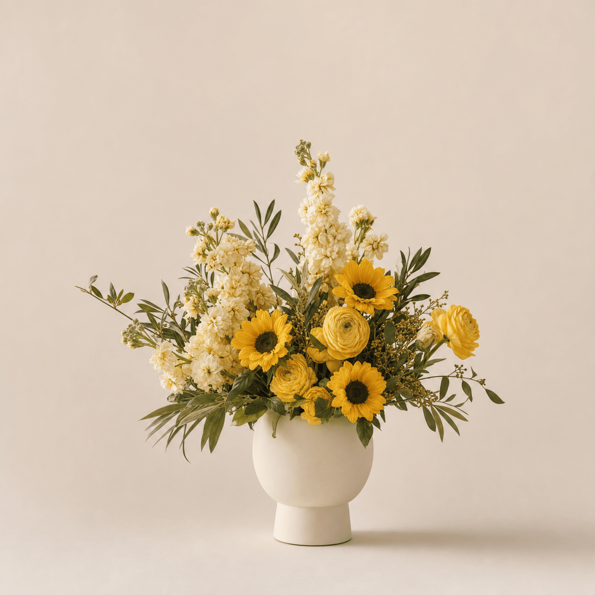 Yellow sunflowers, ranunculus, white stock, and greenery in a white footed ceramic vase