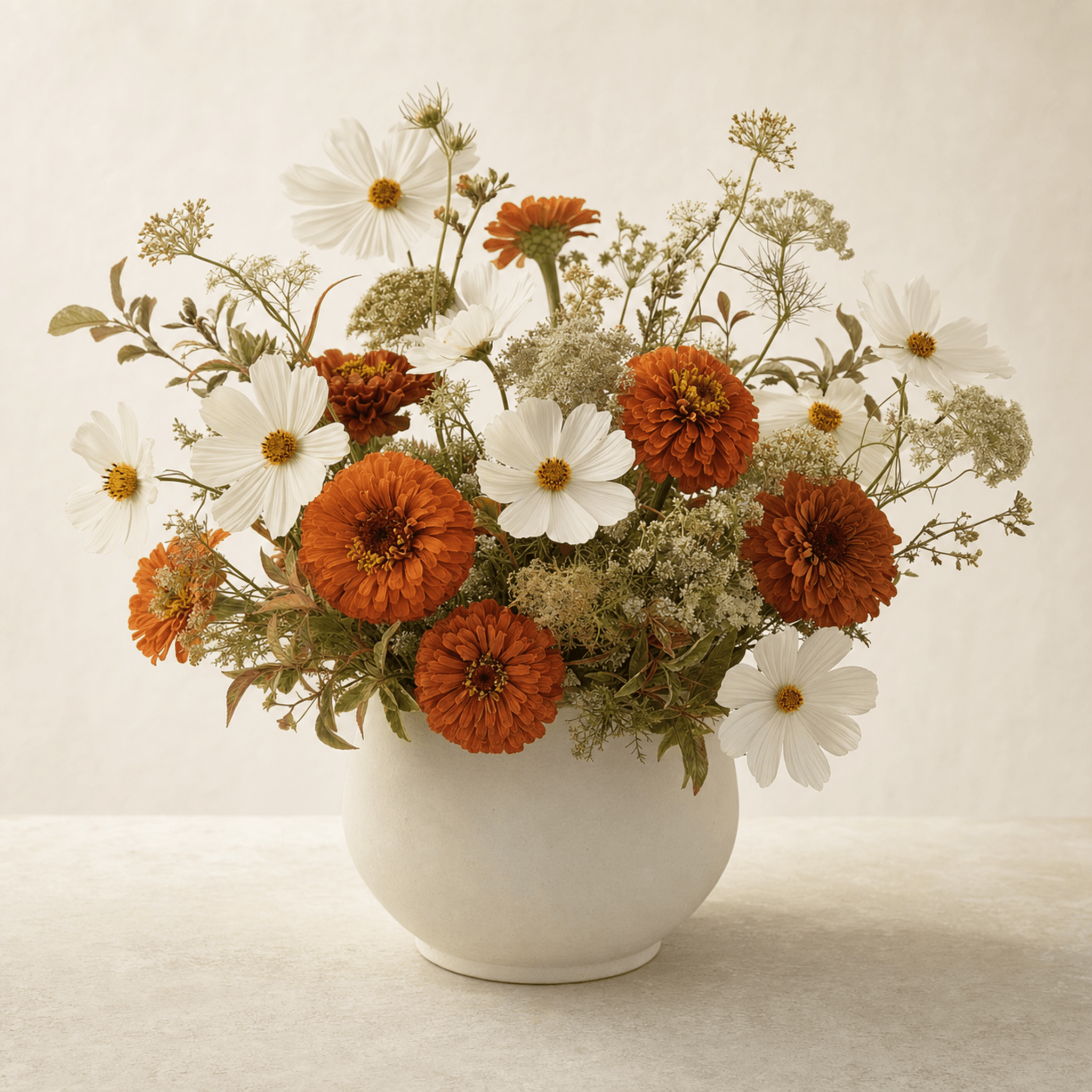 Orange zinnias and white cosmos with Queen Anne's lace in a round white ceramic vase