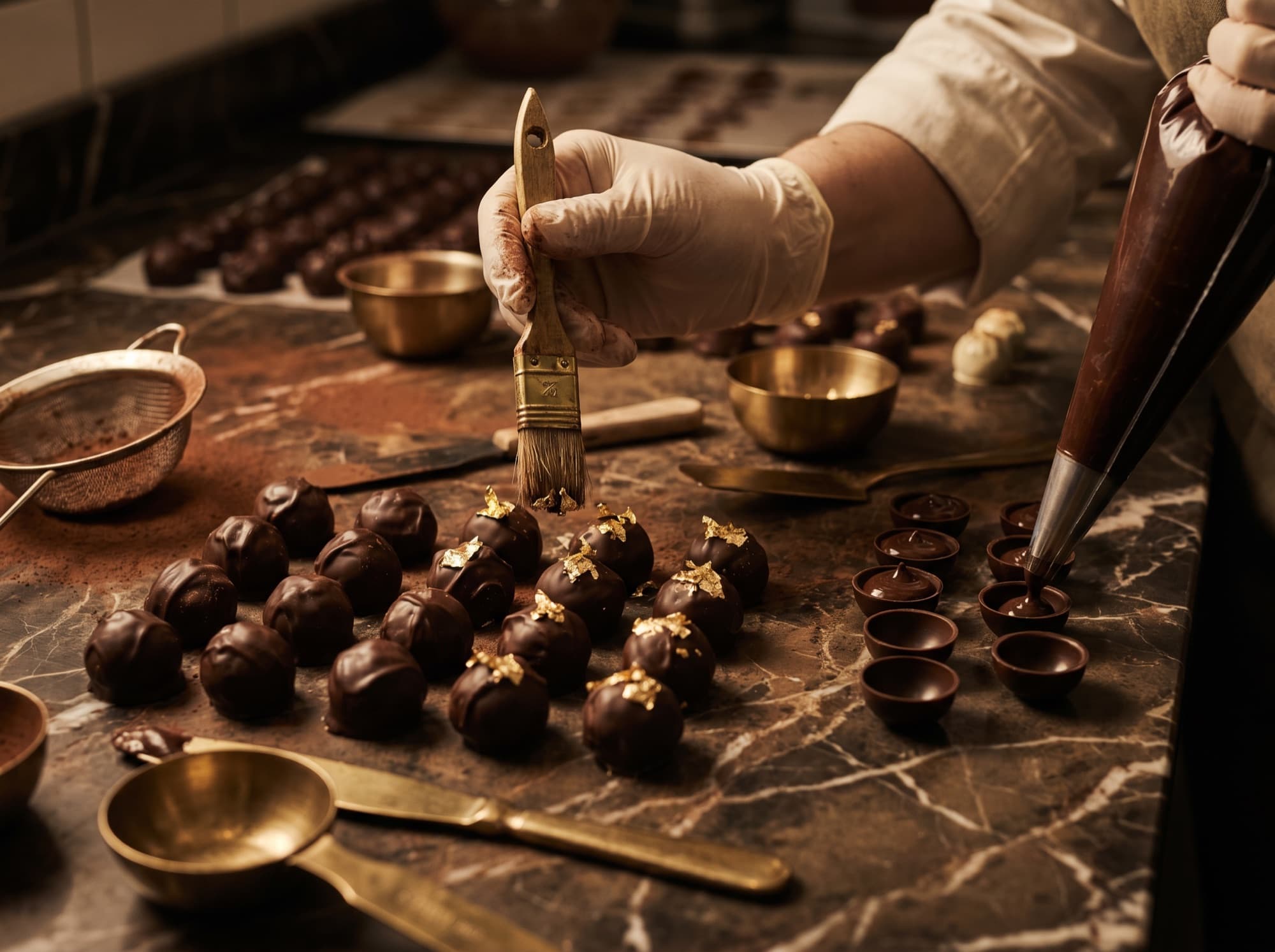 A chocolatier brushing gold leaf onto a tray of dark truffles