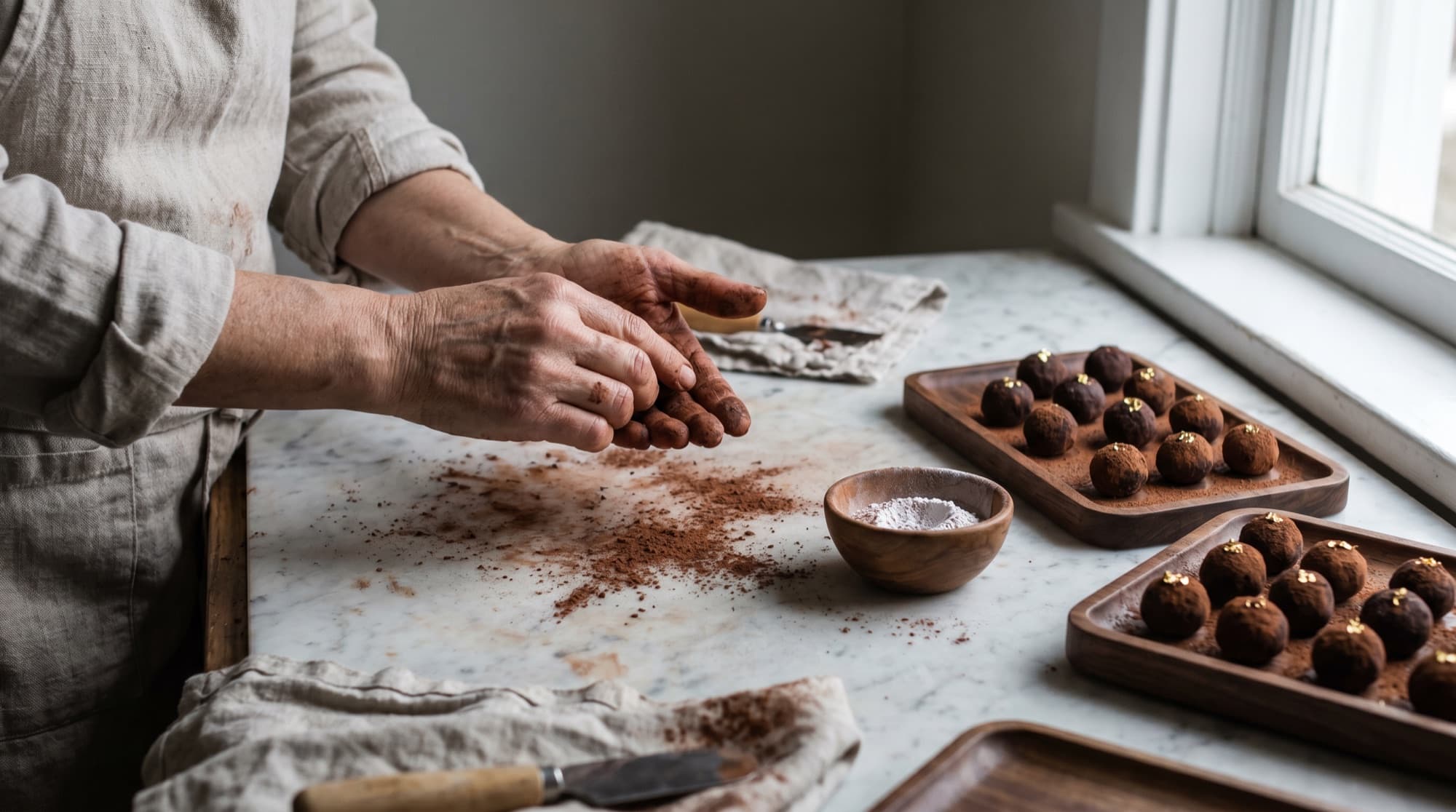 A chocolatier hand-rolling truffles in cocoa powder on a marble counter