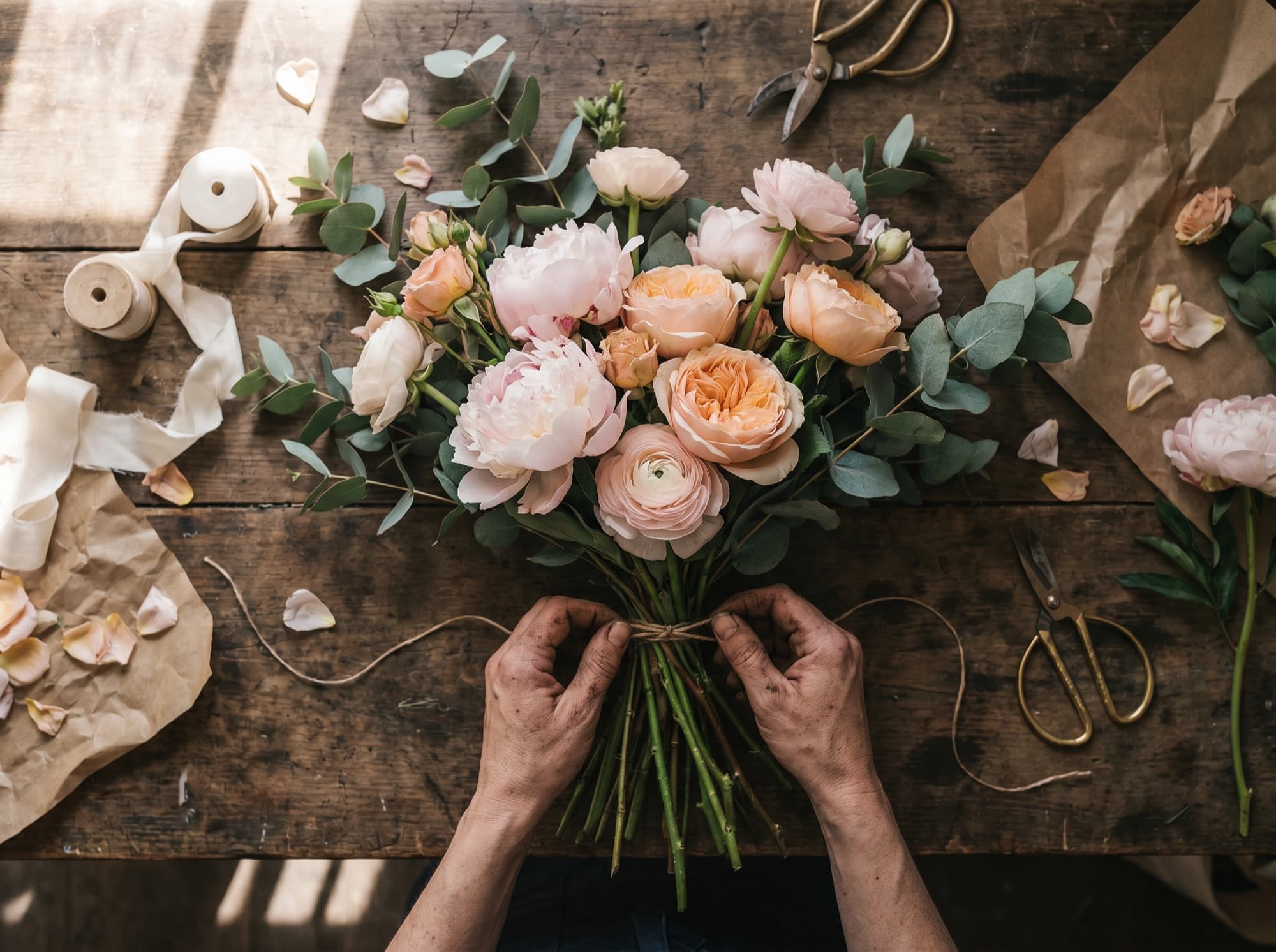 Hands tying a peony and rose bouquet with twine