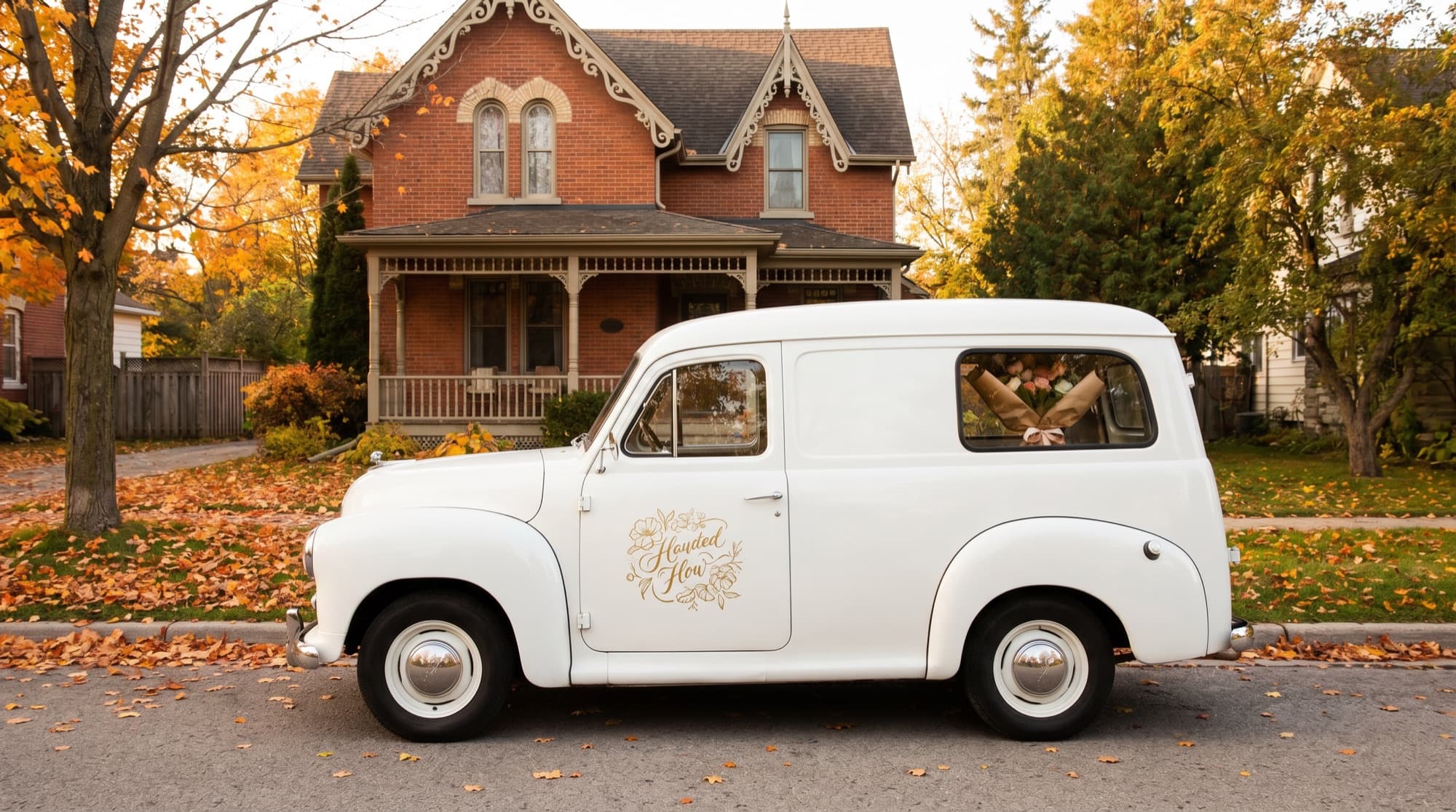 A white florist van parked on a country road in soft afternoon light